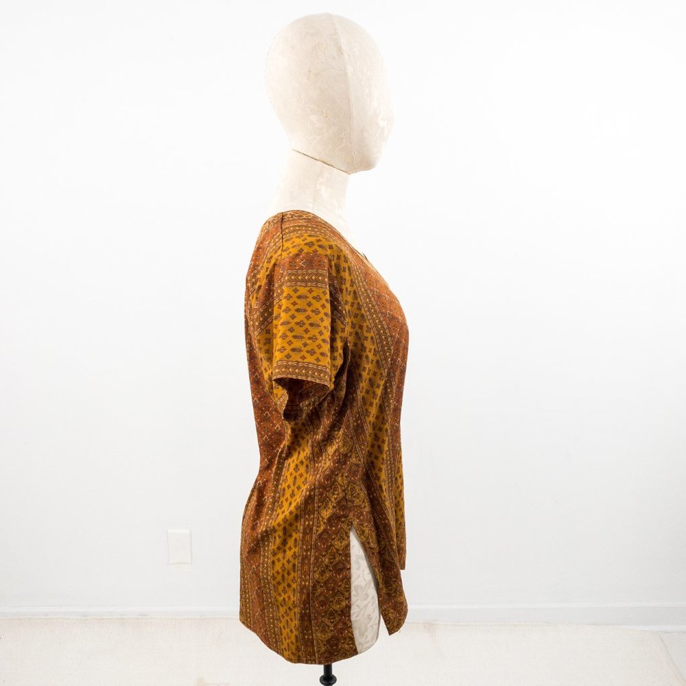 Vintage 70s M Silk Hippy Print Blouse Brown Tan - Picture 5 of 8
